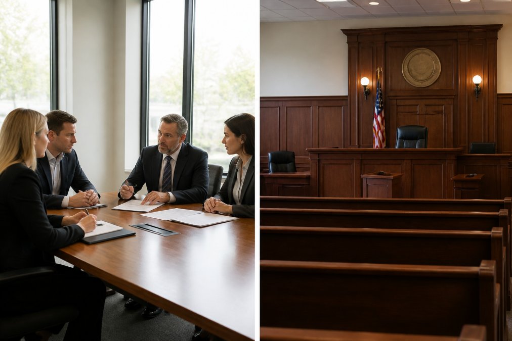 Flowchart comparing settlement and trial options for a punitive damages DUI case negotiation.
