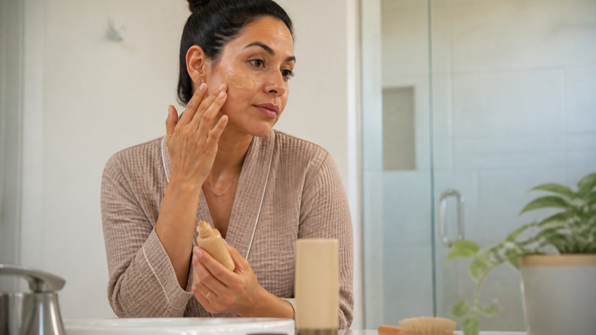A woman in her 30s applying tinted sunscreen to her face in a bright bathroom, with a bottle of broad-spectrum SPF visible on the counter