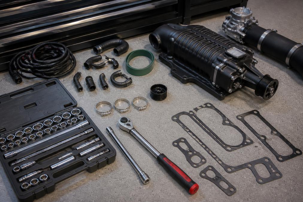 Mechanic's workbench with organized supercharger installation tools including socket set, torque wrench, hose clamps, gaskets, wiring harness, and boost gauge on clean garage floor