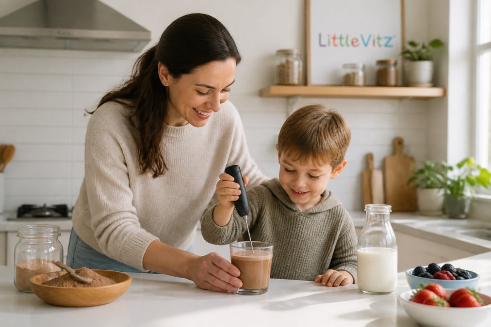 Parent and child whisking superfood powder into milk in a bright morning kitchen