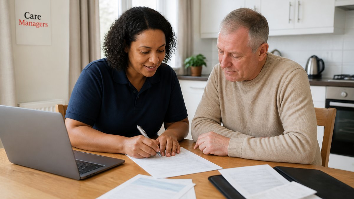 A support worker sitting alongside a resident at a kitchen table, helping them complete a benefit claim form with documents and a laptop nearby, in a bright and comfortable home setting