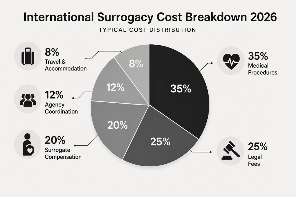 Pie chart breaking down typical international surrogacy cost categories: medical procedures, legal fees, surrogate compensation, agency coordination, travel and accommodation