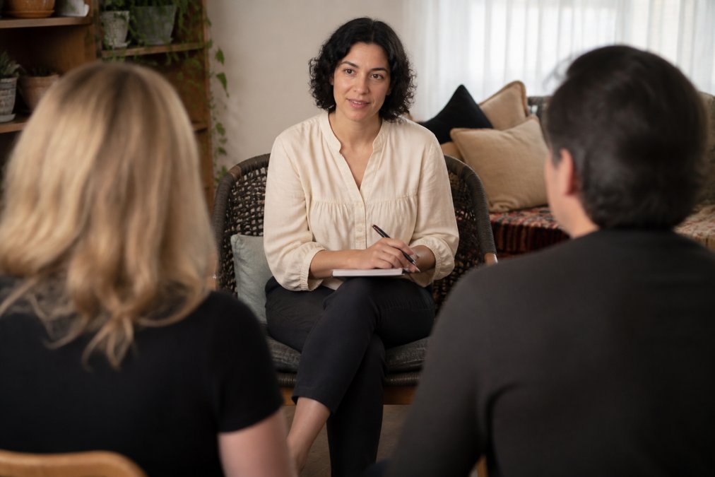 A therapist and two clients sitting in a comfortable, softly lit room with warm neutral tones, engaged in a calm conversation, no physical contact between clients and therapist