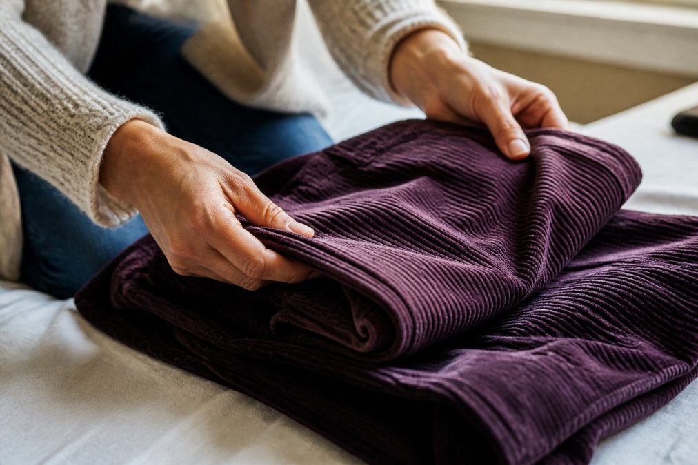 Close-up of hands folding a high-quality organic cotton corduroy garment in bright, natural window light, showing the texture and rich aubergine fabric detail