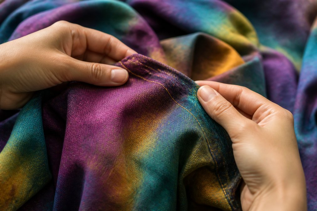 Close-up of hand-dyed fabric texture showing vibrant colors and intricate weave pattern, with hands examining the quality of stitching and material thickness under natural light