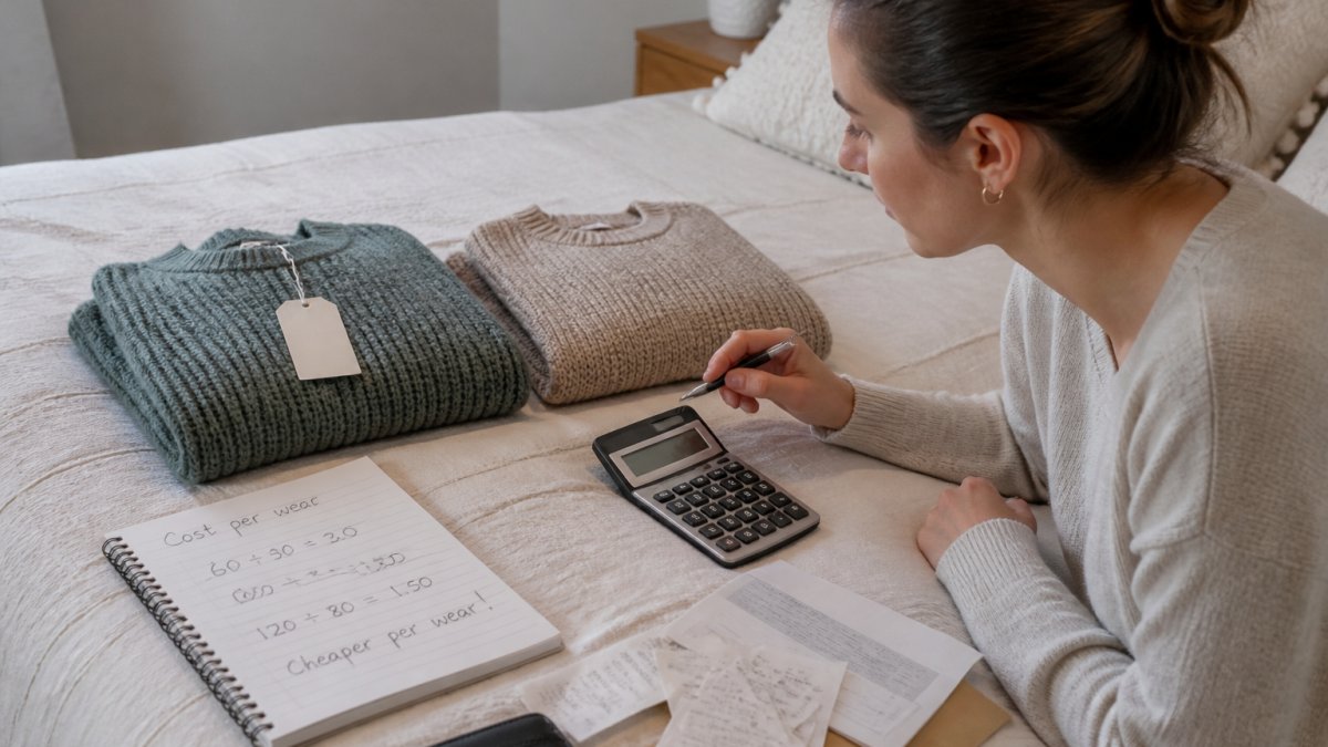 Diagram calculating cost per wear by comparing sweater prices using a calculator and notebook notes