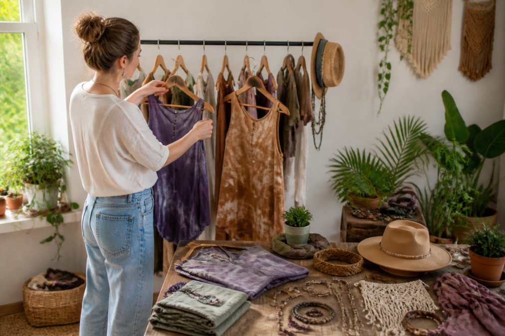 Person styling multiple bohemian outfits from a small curated collection of hand-dyed pieces, showing versatile mix-and-match combinations with different accessories on a bright, natural-light workspace