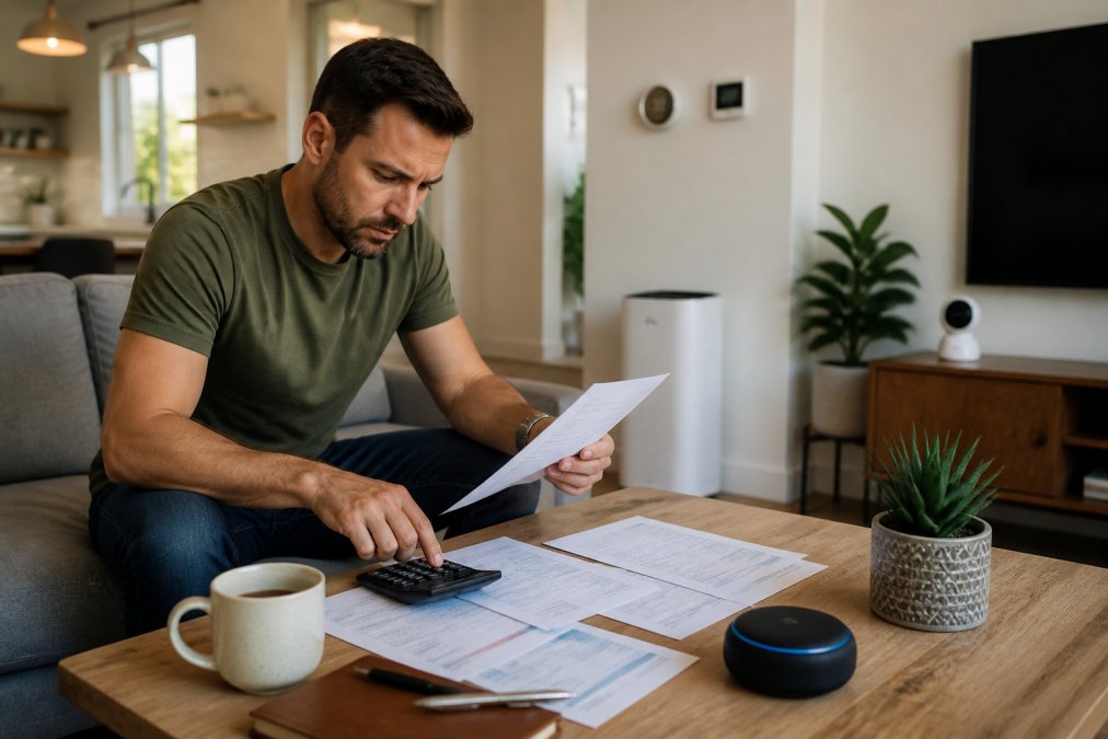 Homeowner reviewing utility bills and energy consumption data on a tablet in a modern living room with smart home devices visible on shelves