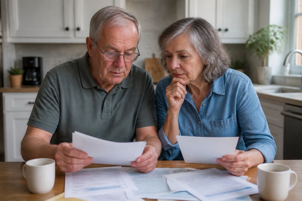 Senior couple reviewing Medicare documents and plan materials at a kitchen table with a cup of coffee, looking thoughtful and engaged