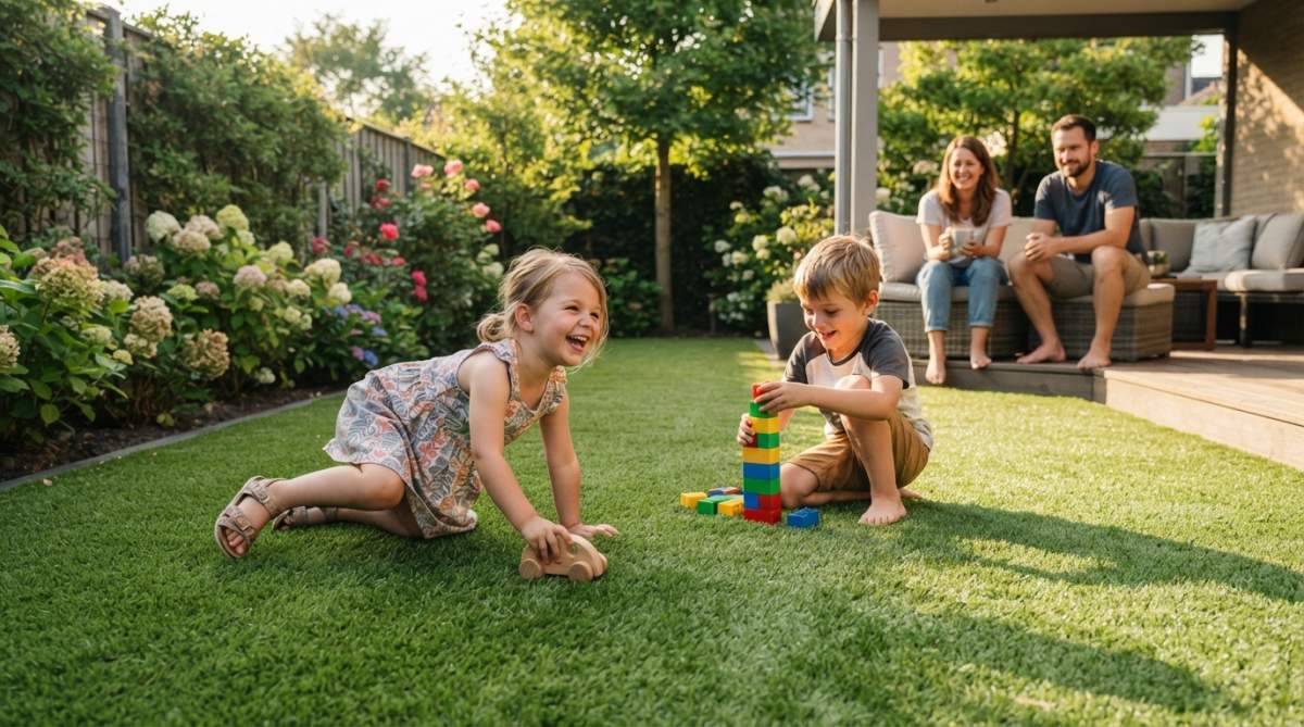 Young children playing safely on a well-maintained synthetic grass lawn in a backyard setting with parents supervising nearby, bright afternoon sunlight