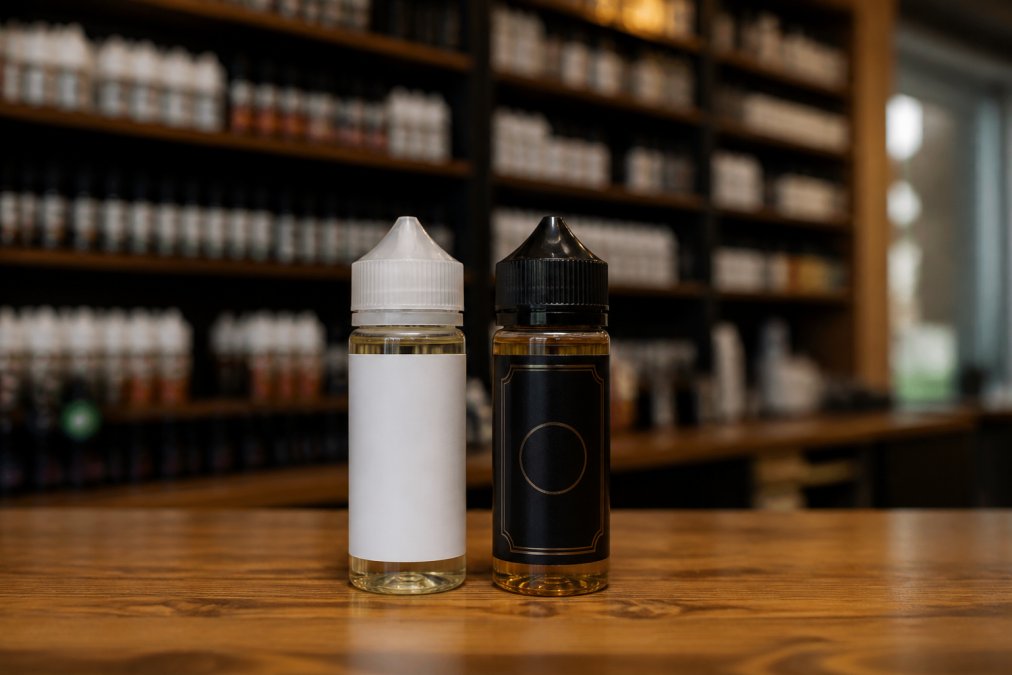 Two e-liquid bottles featuring synthetic nicotine on a wooden counter in a modern vape shop setting