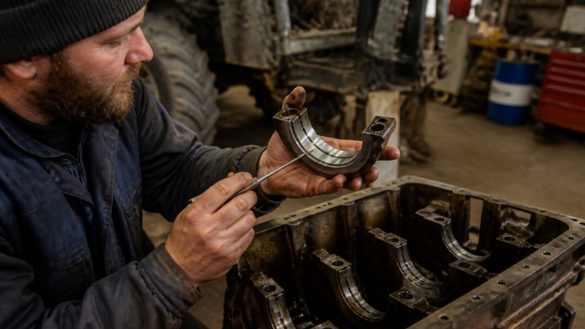 Professional mechanic inspecting internal engine components with precision tools, examining clean synthetic-treated engine parts under workshop lighting