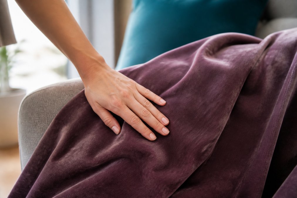 A hand touching the plush, soft surface of a rich synthetic velvet fabric swatch draped over a sofa arm.