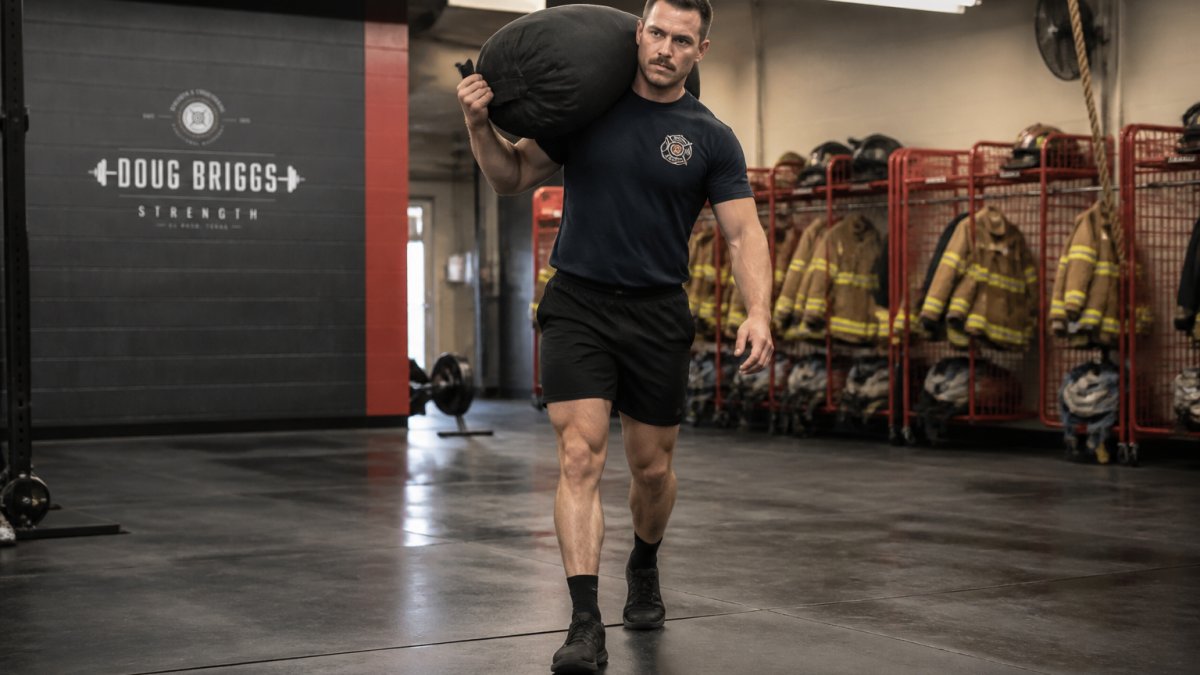 Firefighter in station gear performing a heavy sandbag carry for tactical strength training in a firehouse gym.