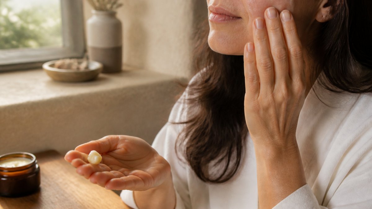 Woman's hand holding a small pea-sized amount of whipped tallow moisturiser, gently patting it onto clean facial skin in soft, upward motions with natural window lighting