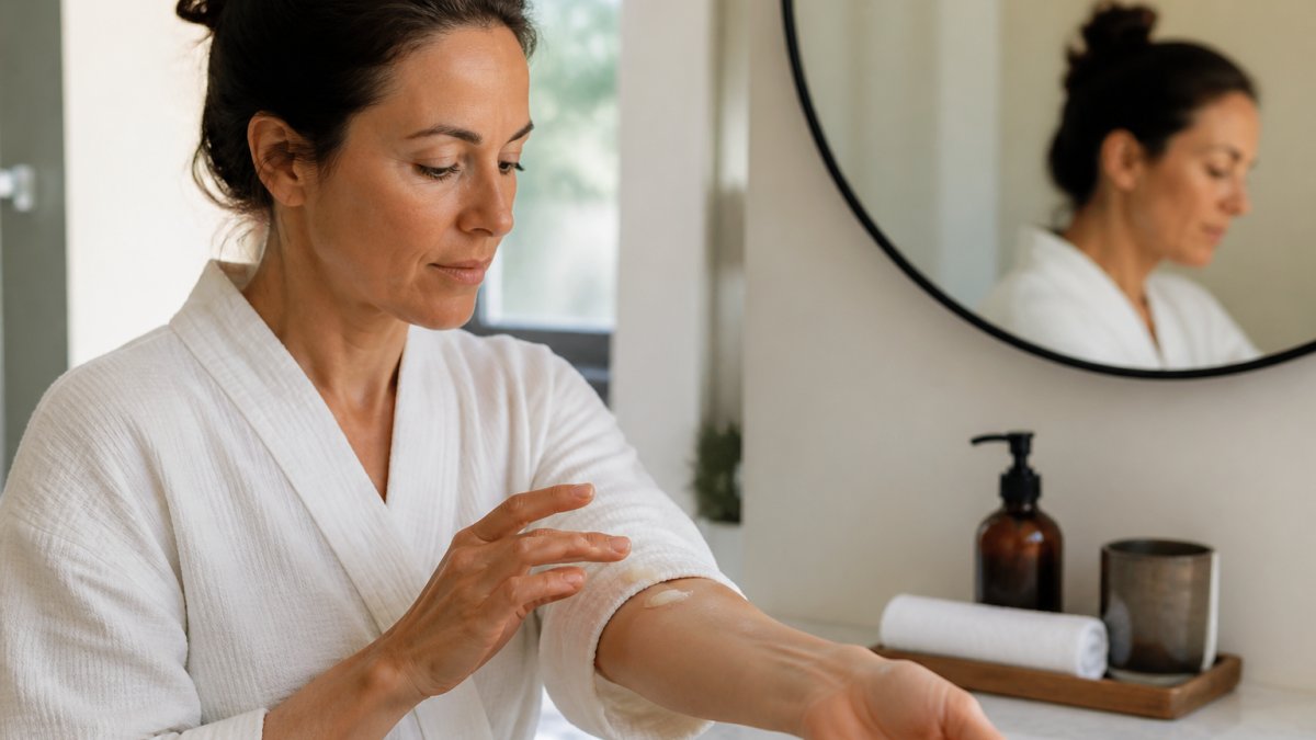 Woman in her late 30s applying a small dab of skincare balm to her inner forearm in a bright bathroom.