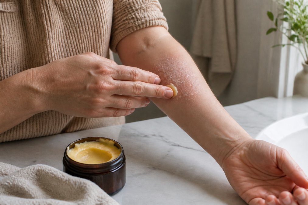 Applying tallow balm to a dry, flaky forearm patch to see if is tallow good for psoriasis relief