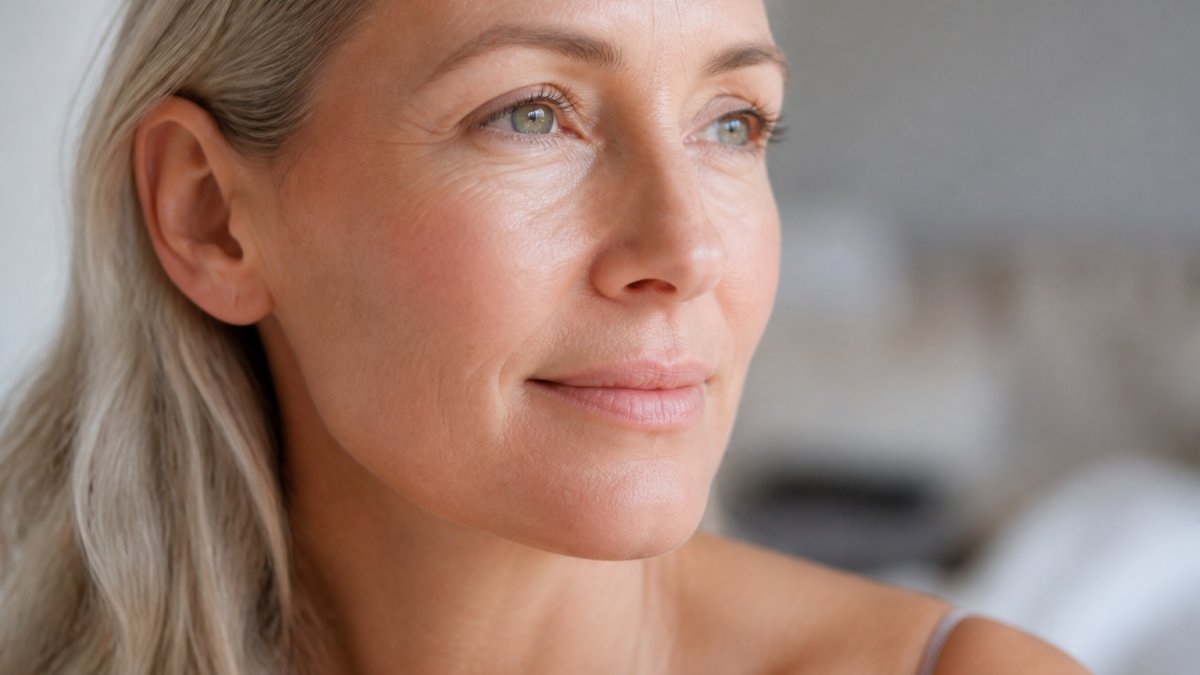 Close-up of a woman's face with serene expression, natural light highlighting smooth, calm skin texture, showing healthy skin barrier