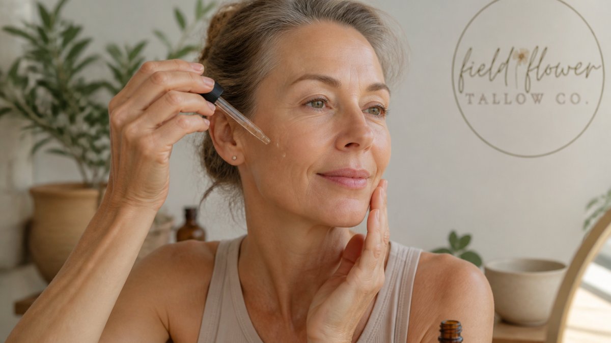 Close-up of hands applying translucent serum drops to a person's face, using gentle fingertip massage on cheekbones and forehead in natural morning light