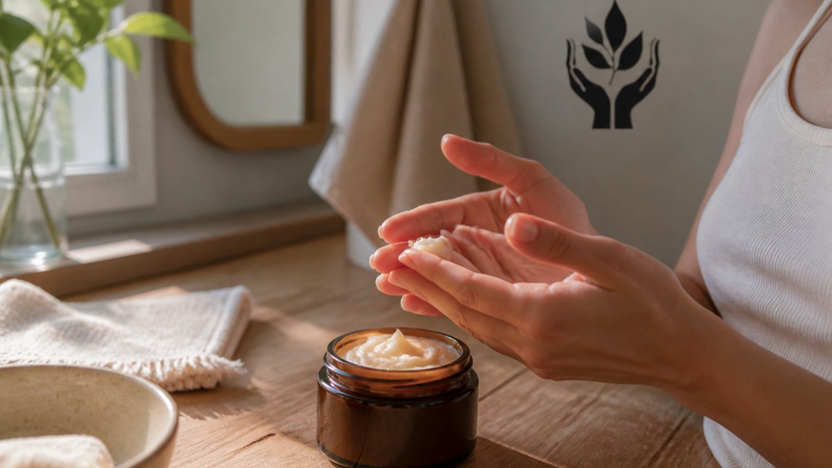 Close-up of a woman's hands warming a small amount of whipped tallow balm between her fingertips, with an open 4 oz amber glass jar on a wooden bathroom counter nearby, soft morning light