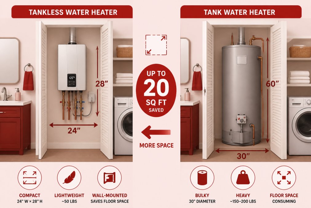 Compact wall-mounted tankless water heater installed in a small apartment utility closet next to traditional plumbing fixtures, showing the dramatic space difference compared to a bulky tank system