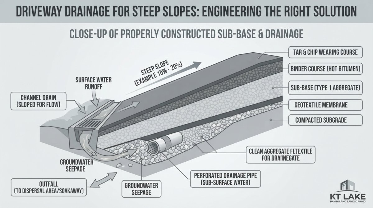 Close-up of properly constructed sub-base with aggregate layers and water runoff channels visible during tar and chip installation on a sloped driveway