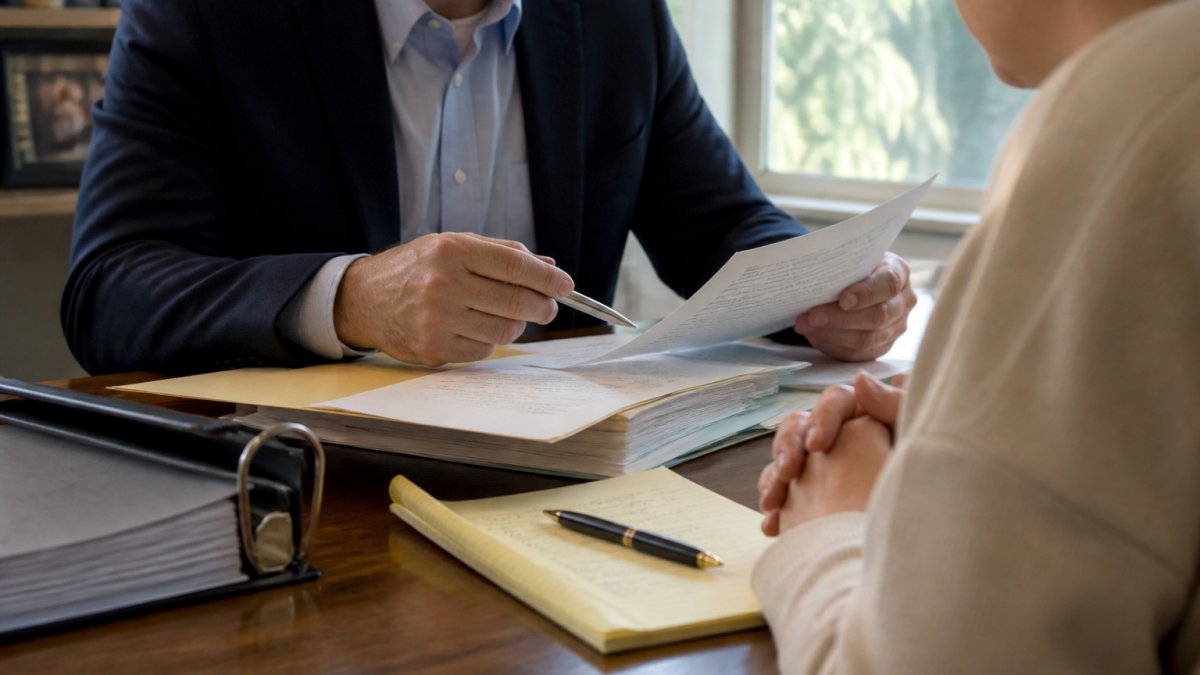 Tax attorney reviewing documents with a client to provide tax audit protection in a modern office
