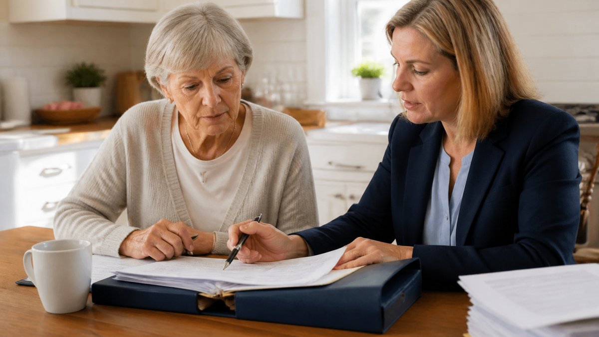 A recently widowed woman in her sixties sitting at a kitchen table with a financial advisor, reviewing tax documents and a folder of paperwork in warm natural light