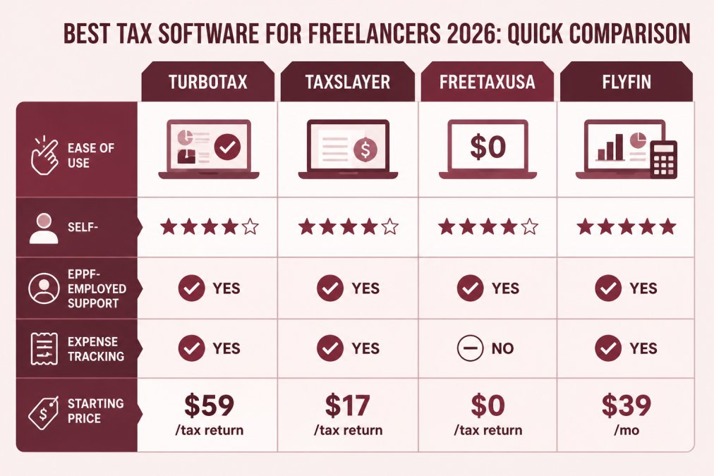 Feature comparison matrix of TurboTax, TaxSlayer, FreeTaxUSA, and FlyFin showing ease of use, self-employed support, expense tracking, and starting price where available