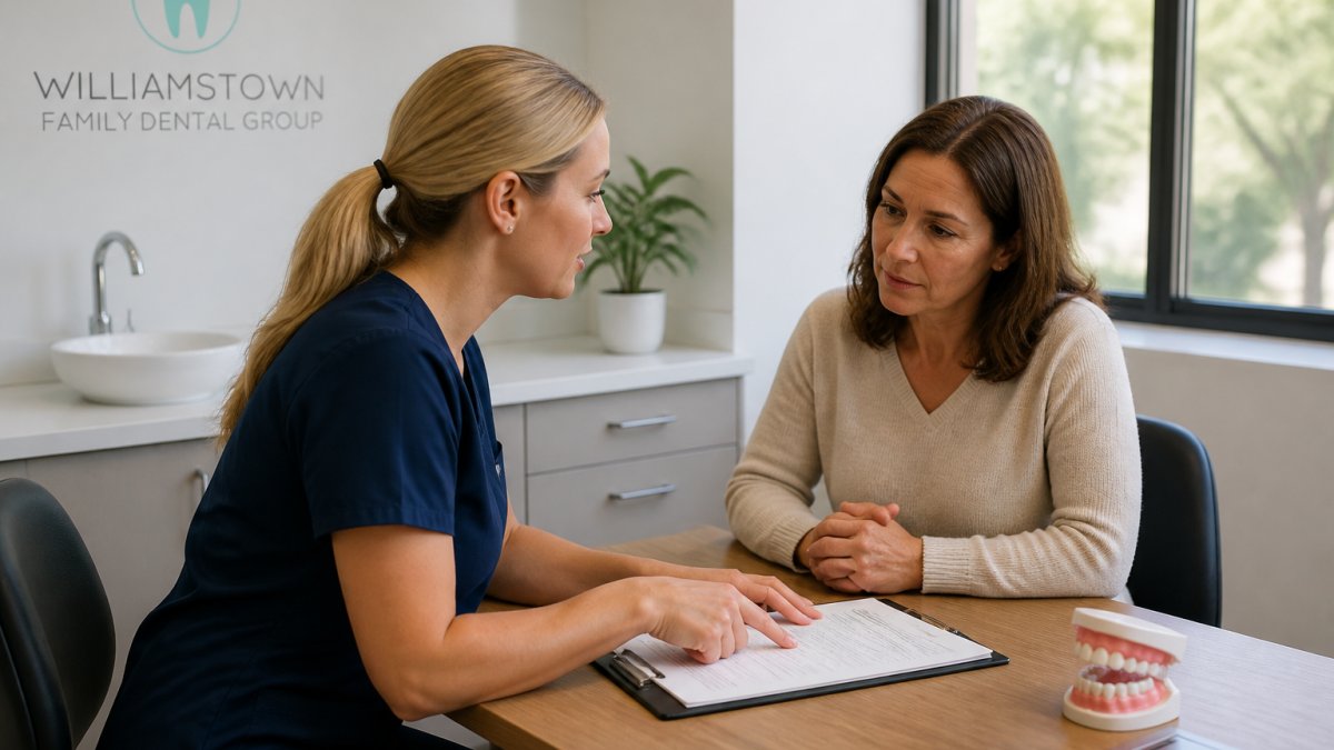Dentist consulting with patient in bright modern surgery, reviewing dental records and discussing treatment options at consultation desk
