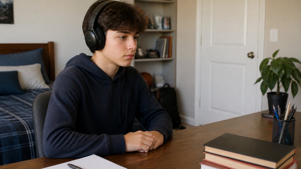 Teenager sitting at a desk with headphones during a video call in a calm, organized private bedroom with closed door visible in background