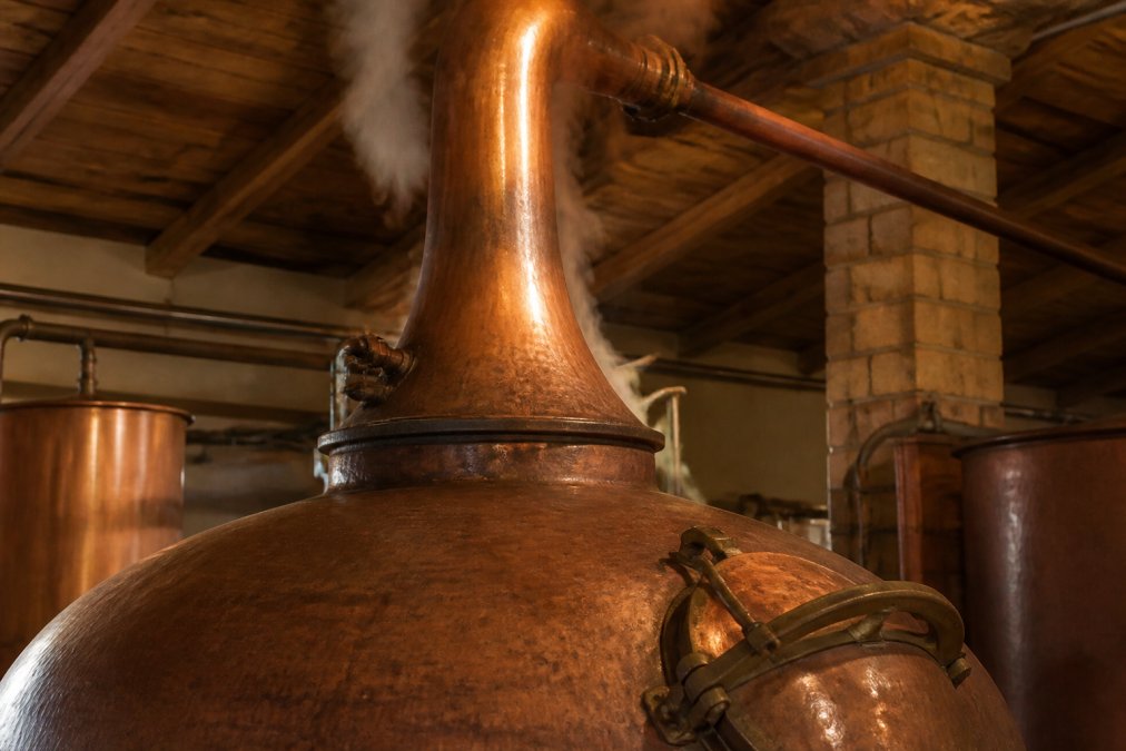 Close-up of a traditional copper pot still inside a Jalisco distillery, steam rising and condensing along the copper neck, warm amber light illuminating the burnished metal surfaces and wooden support beams
