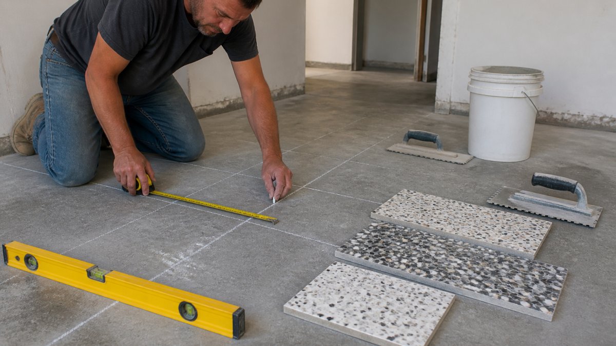 Professional measuring a concrete subfloor with chalk lines to show how to install terrazzo tile properly.
