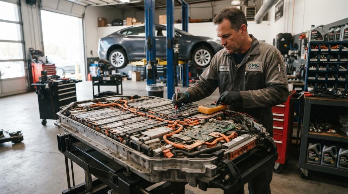 Close-up of a technician in safety equipment inspecting a Tesla battery pack module under bright workshop lighting, with diagnostic equipment visible on the workbench