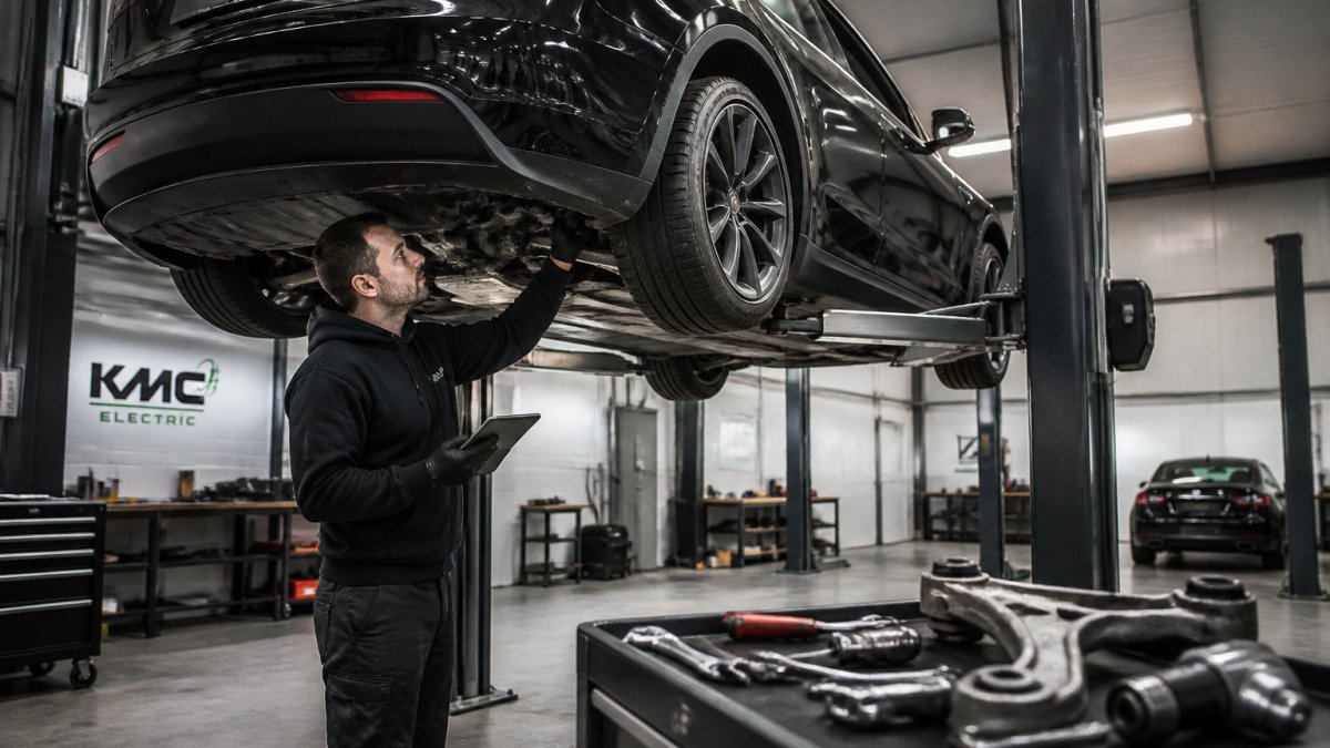 A mechanic in a clean, well-lit independent garage inspecting the suspension and underside of a Tesla Model 3 raised on a lift, diagnostic tablet in hand, tools visible on a nearby bench under bright overhead lighting