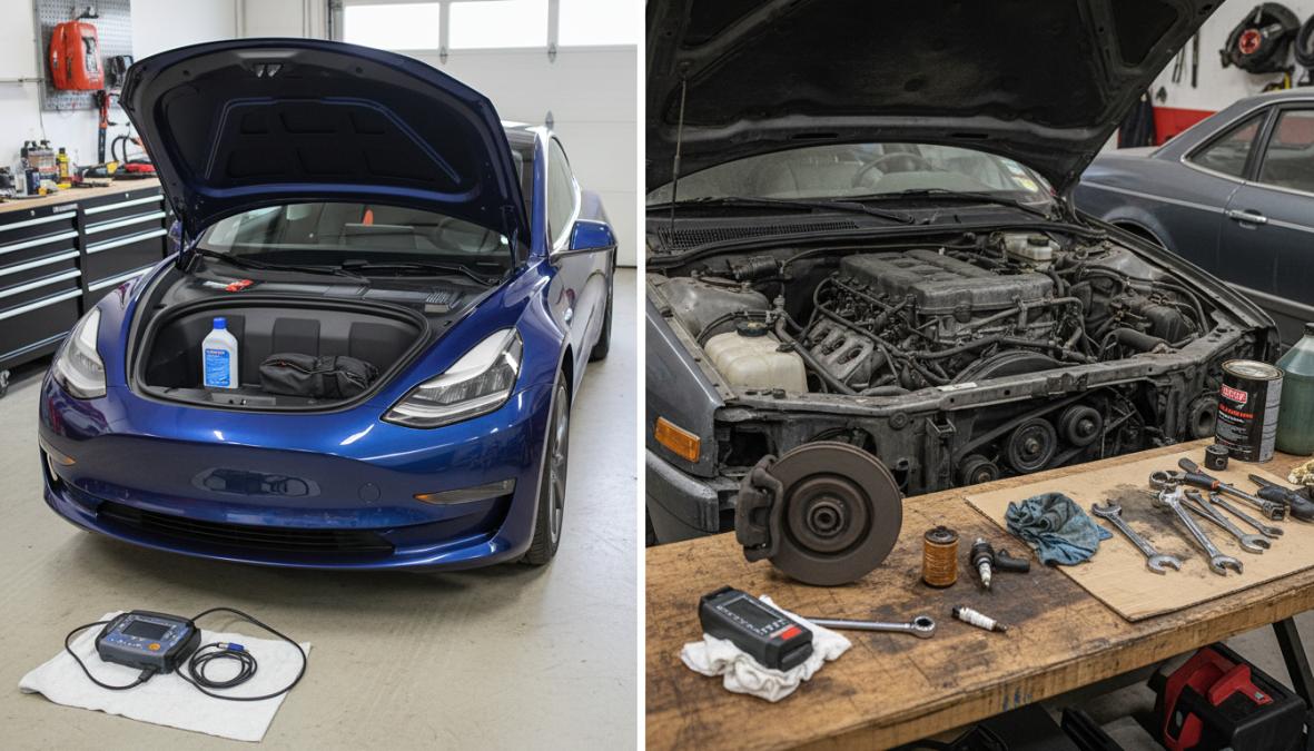 A mechanic in a clean, well-lit workshop inspecting the underside of a silver Tesla Model 3 on a hydraulic lift, with professional diagnostic tools and neatly arranged parts visible on a stainless steel workbench in the background