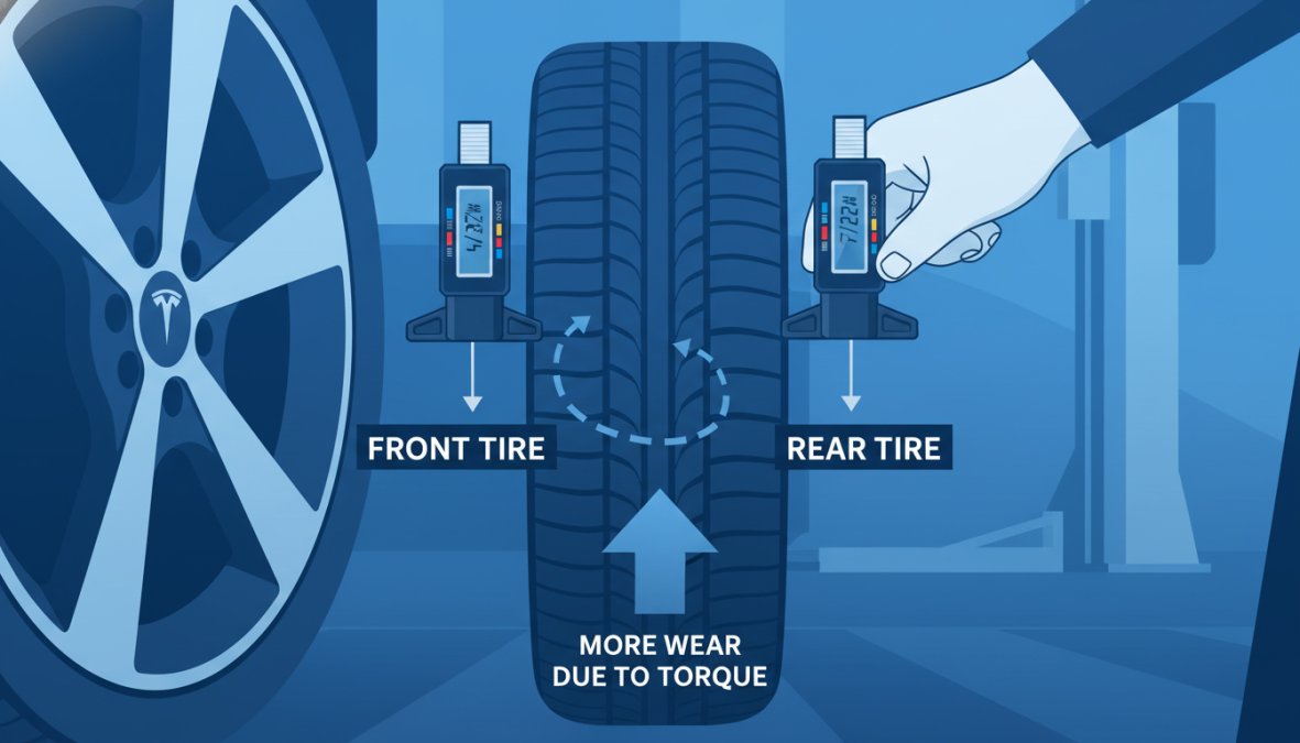 Close-up of a Tesla alloy wheel and tyre showing visible tread wear patterns, with a technician using a tyre depth gauge in a garage setting, workshop lighting overhead