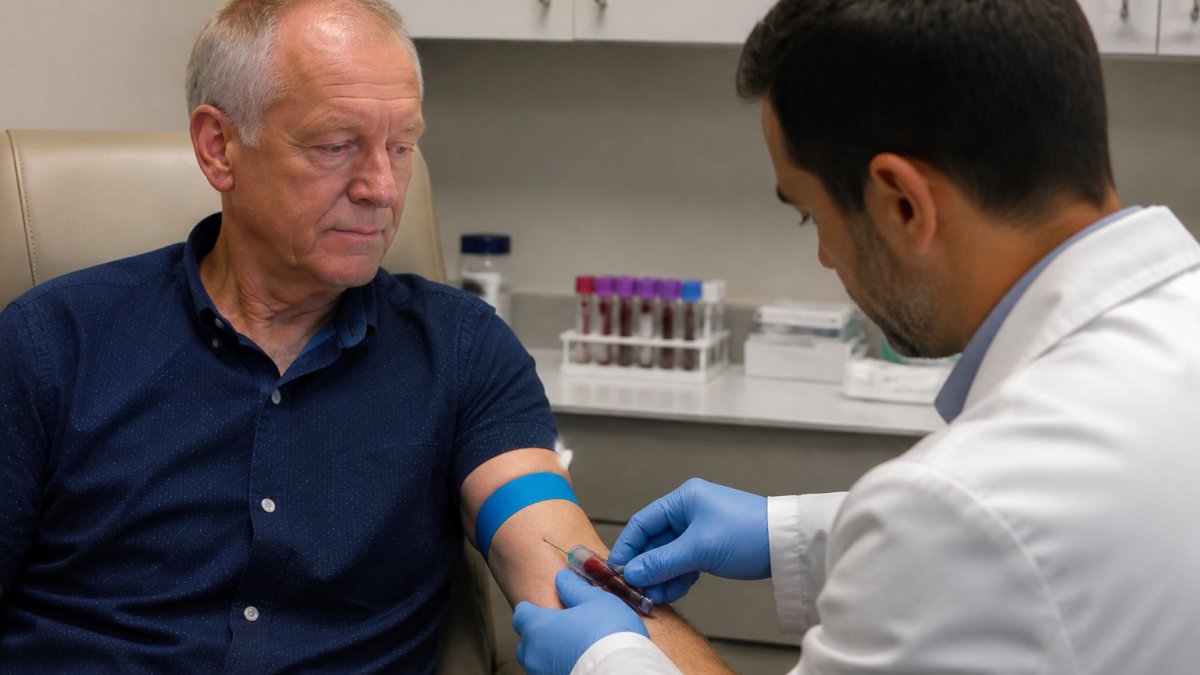 Physician drawing blood from an older man's arm in a clinical setting, with lab equipment visible in the background