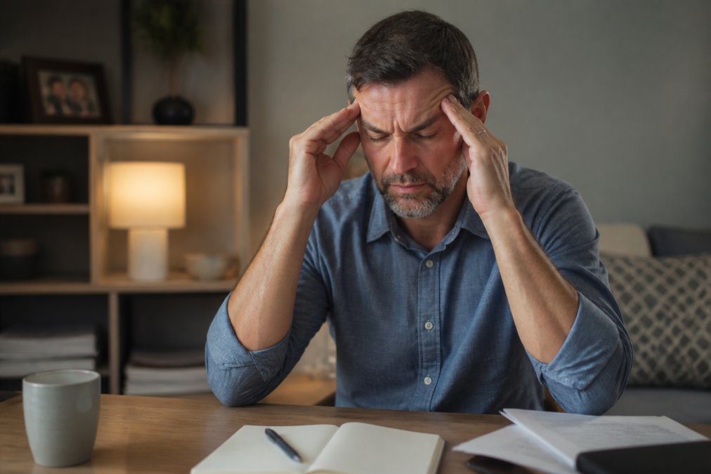 A man in his late 40s sitting at a desk with a laptop open, rubbing his temples with both hands, looking fatigued in a dimly lit home office setting