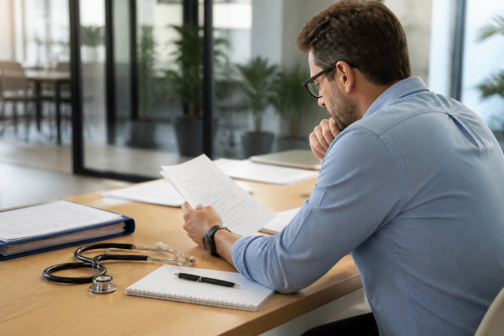 Startup founder reviewing compliance documents for Texas medical data privacy training in a modern office.