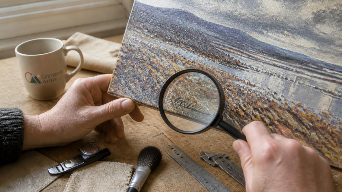 Close-up of a person's hands holding a magnifying glass over the corner of an oil painting on canvas, examining a painted signature in warm natural light