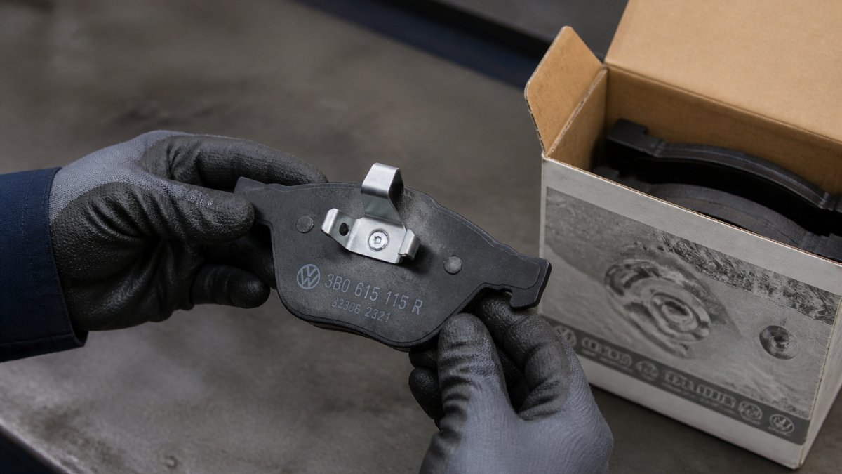 Mechanic comparing a brake pad logo and part number against packaging during an inspection process