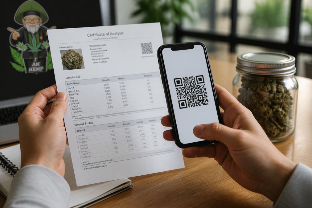 Process of verifying a THCA flower legal lab report by scanning a QR code on a Certificate of Analysis.