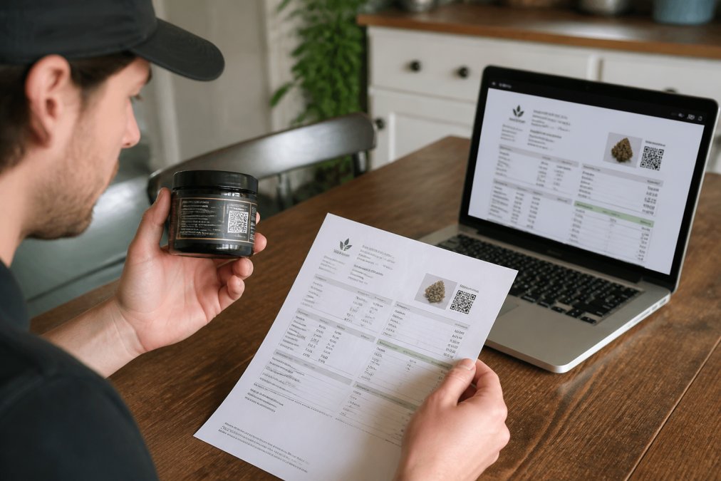 A person at a kitchen table examining a cannabis product label and a printed lab report beside a laptop showing a Certificate of Analysis