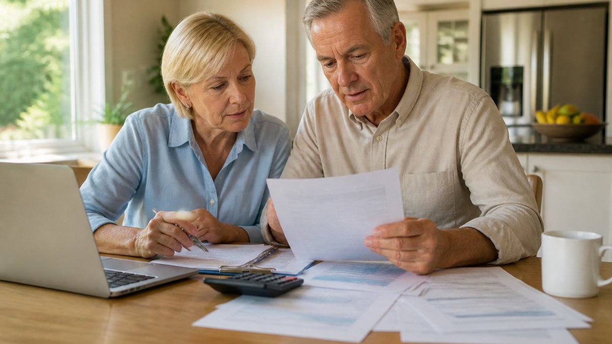 A retired couple reviewing their retirement income plan using the 4 percent rule with a laptop and calculator.