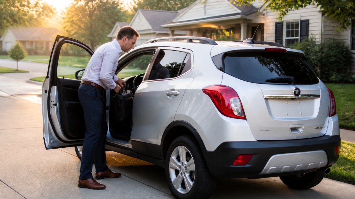 Commuter in business casual clothes placing a bag into a Buick Encore commuting in a suburban driveway at sunrise