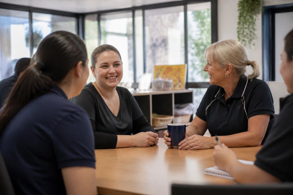 Early learning educators sitting together in a team meeting, engaged in conversation with open body language and attentive listening, natural office lighting