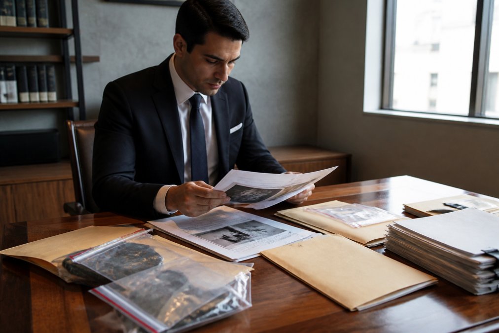 Criminal defense attorney in professional suit reviewing case files and evidence documents spread across a wooden desk in a modern law office with natural window lighting