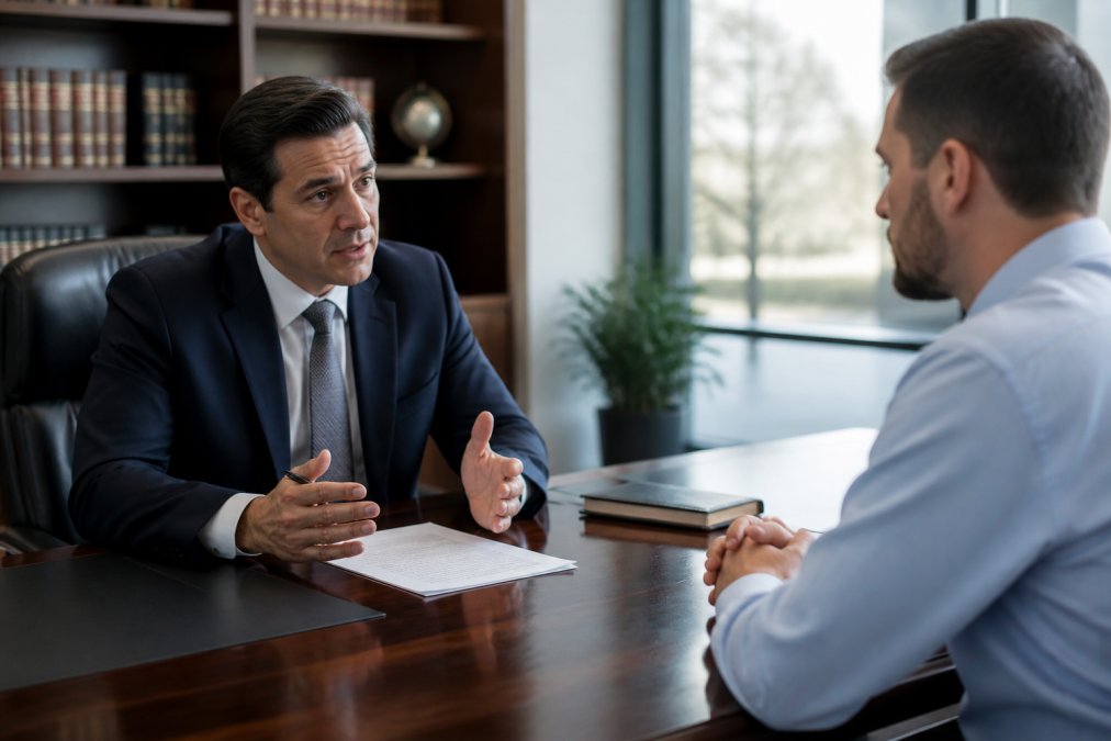 Criminal defense attorney in professional dark suit meeting with client across polished wooden desk in modern law office consultation room with soft natural lighting from windows