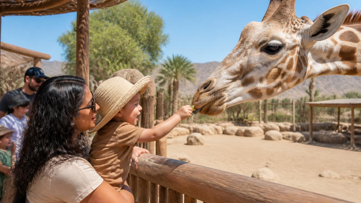 Toddler and parent feeding giraffes by hand in an open desert habitat with clear sightlines, warm sunlight, and other families nearby